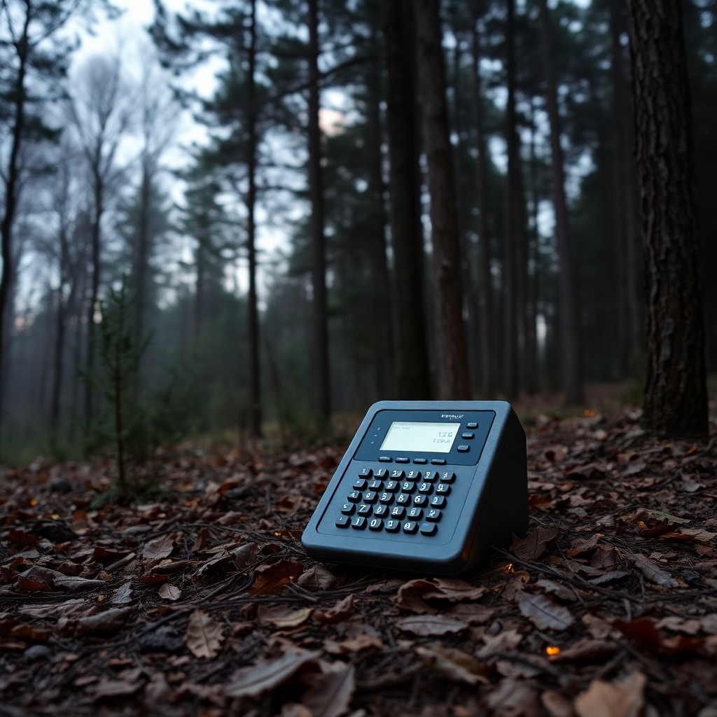 Telefonen begravd under blöta löv i skogen.
