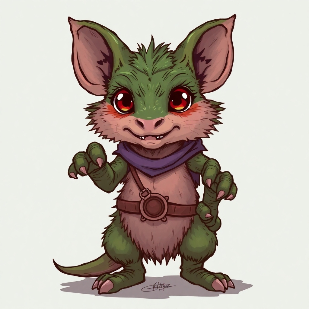 zeichne einen kobold mit grossen füssen, händen mit kurzen dicken fingern und grellgrünen haaren und lila augen