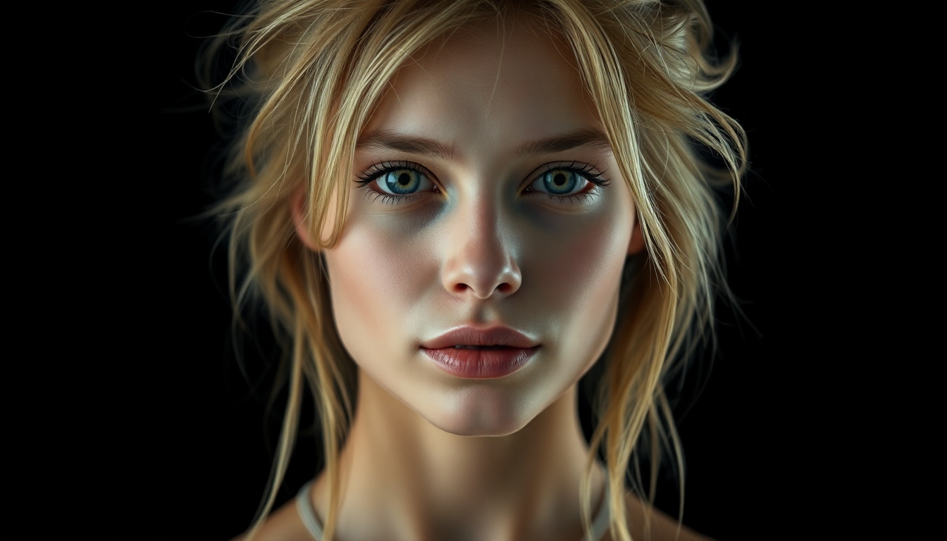 A hyperrealistic portrait of a 25-year-old woman with messy blonde hair, fair skin, and captivating beauty, her expression alluring and natural. Shot from the shoulders up against a black background, the lighting soft yet dramatic, highlighting her facial contours. Created using cinematic lighting techniques, DSLR high-resolution camera, studio shot, hd quality, natural color grading, hyper-detailed texture, realistic rendering
