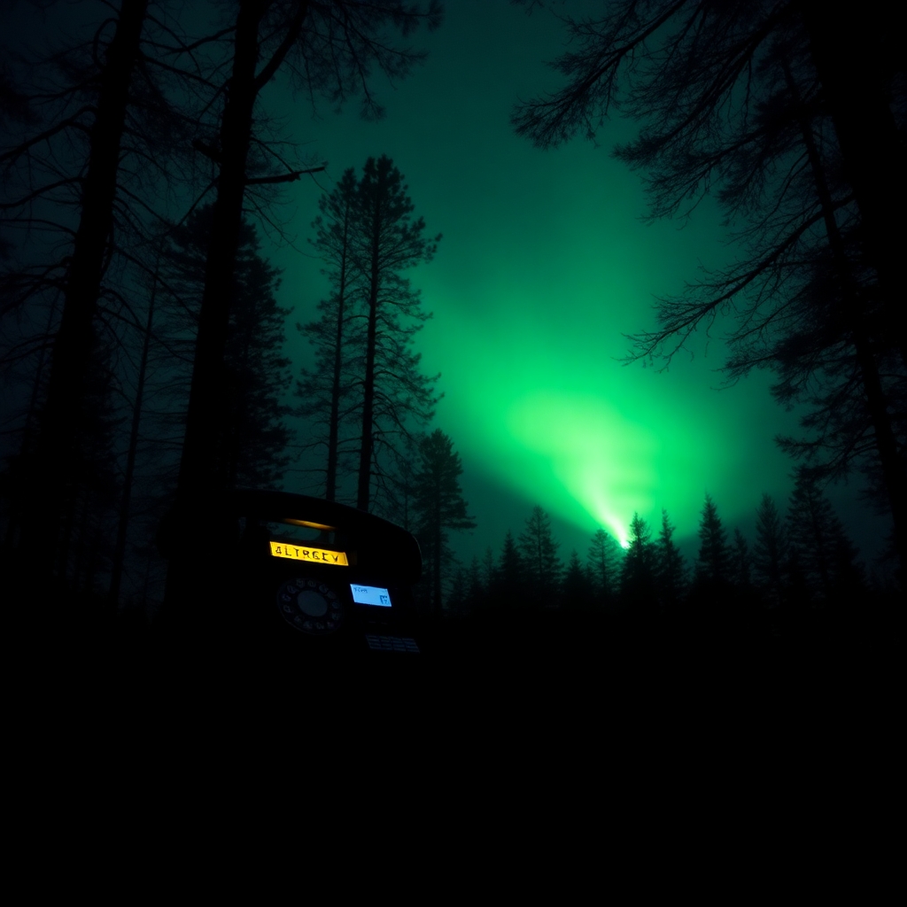 Telefonen begravd under blöta löv i skogen.