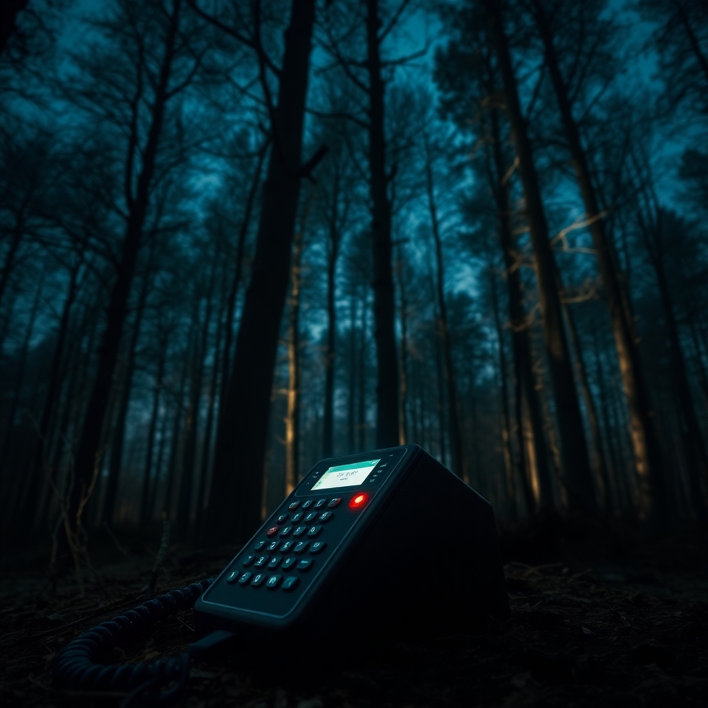 Telefonen begravd under blöta löv i skogen.
