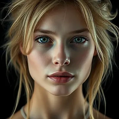 A hyperrealistic portrait of a 25-year-old woman with messy blonde hair, fair skin, and captivating beauty, her expression alluring and natural. Shot from the shoulders up against a black background, the lighting soft yet dramatic, highlighting her facial contours. Created using cinematic lighting techniques, DSLR high-resolution camera, studio shot, hd quality, natural color grading, hyper-detailed texture, realistic rendering