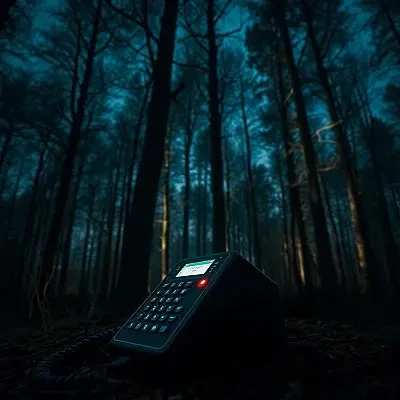 Telefonen begravd under blöta löv i skogen.