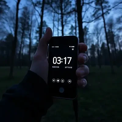 Närbild på telefonen i skogen, skärmen lyser 03:17 och batterifacket är tomt.
