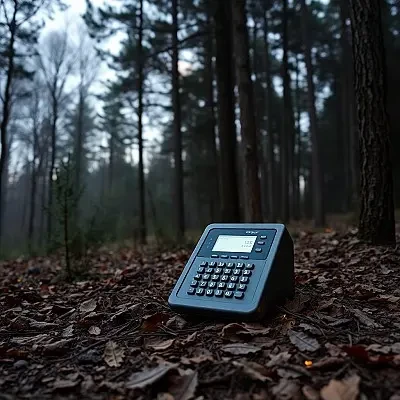 Telefonen begravd under blöta löv i skogen.