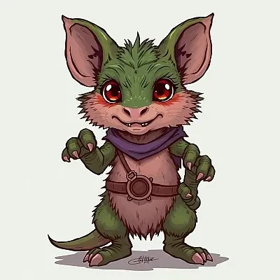 zeichne einen kobold mit grossen füssen, händen mit kurzen dicken fingern und grellgrünen haaren und lila augen