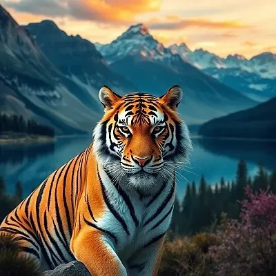 a tiger in front of of a mountain lake.