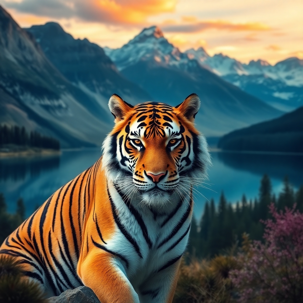 a tiger in front of of a mountain lake.